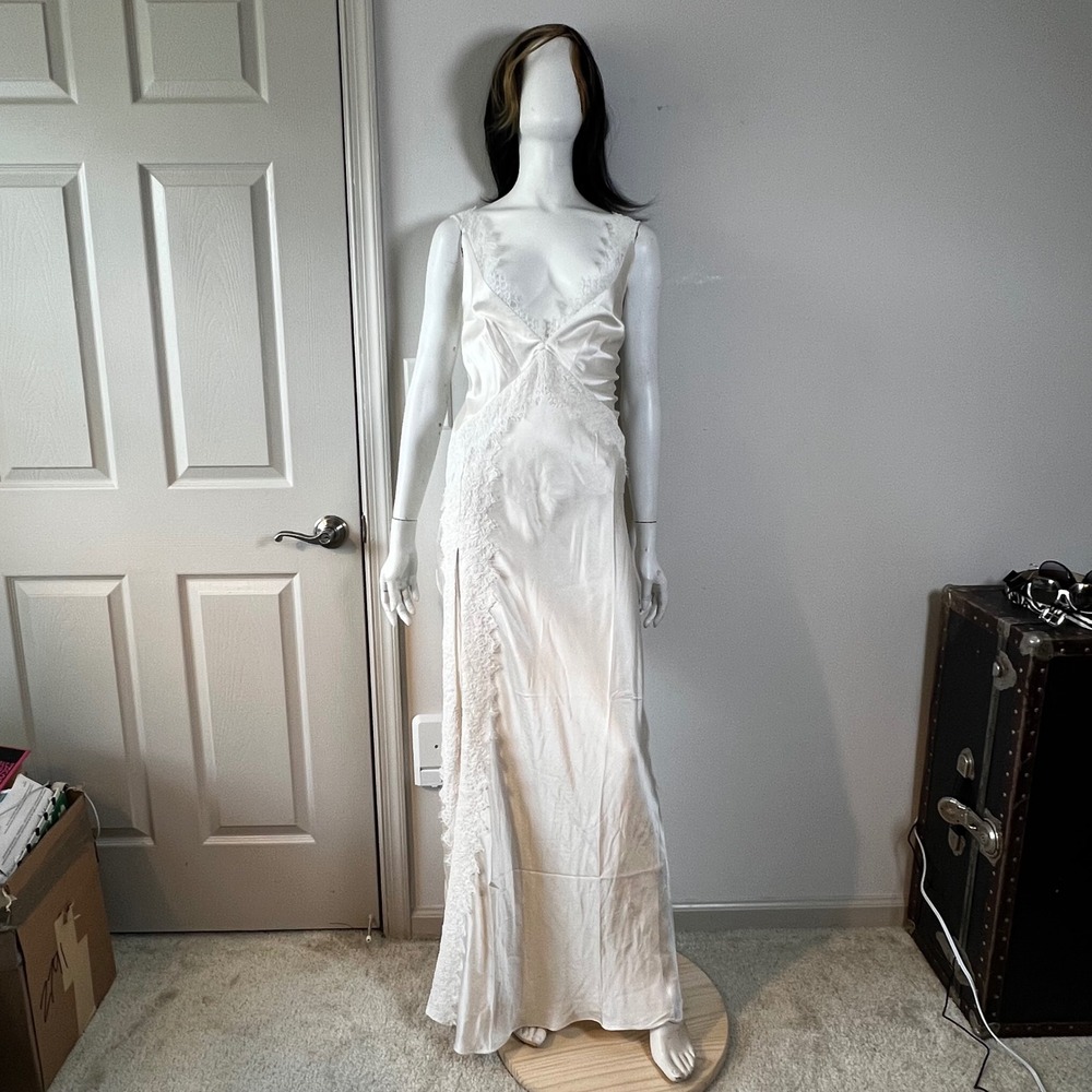 Shona Joy La Lune Cumulus Silk Lace Split Maxi Dress Ivory US 12 NWT